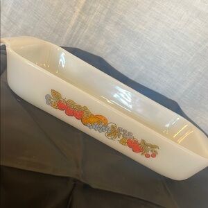 Vintage fire king anchor hocking White Baking Dish with Fruit Design